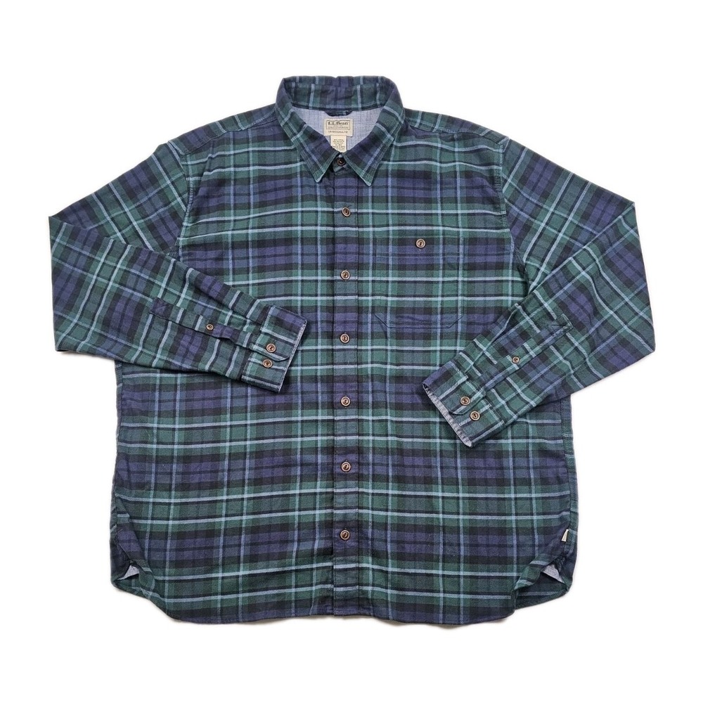 LL Bean Mens XL R Blue Purple Green Plaid Flannel Button Up Shirt Stretch 513053